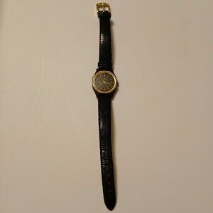 Vintage Medana Women's Black/Gold Tone Genuine Lizard Band Analog Quartz Watch
